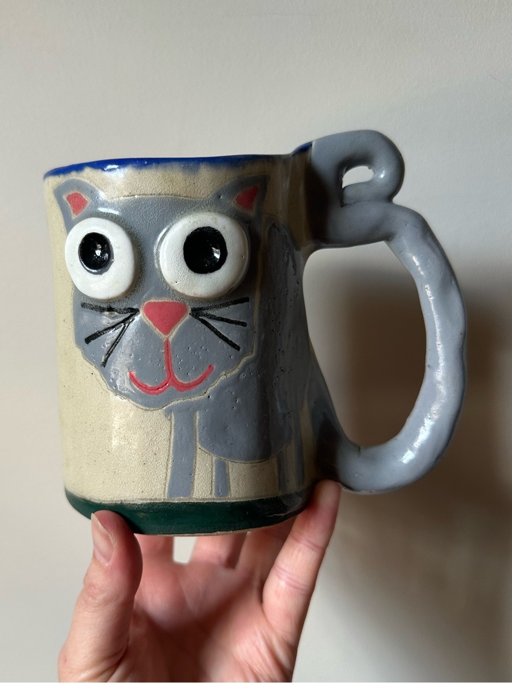 Unique Handmade Big Eye Cat Pottery Coffee Mug
